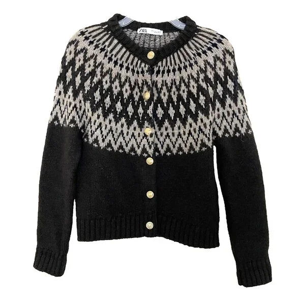 Zara Brown Fair Isle Jacquard Knit Cardigan Sweater Small Gold Buttons Alpaca - Picture 3 of 13